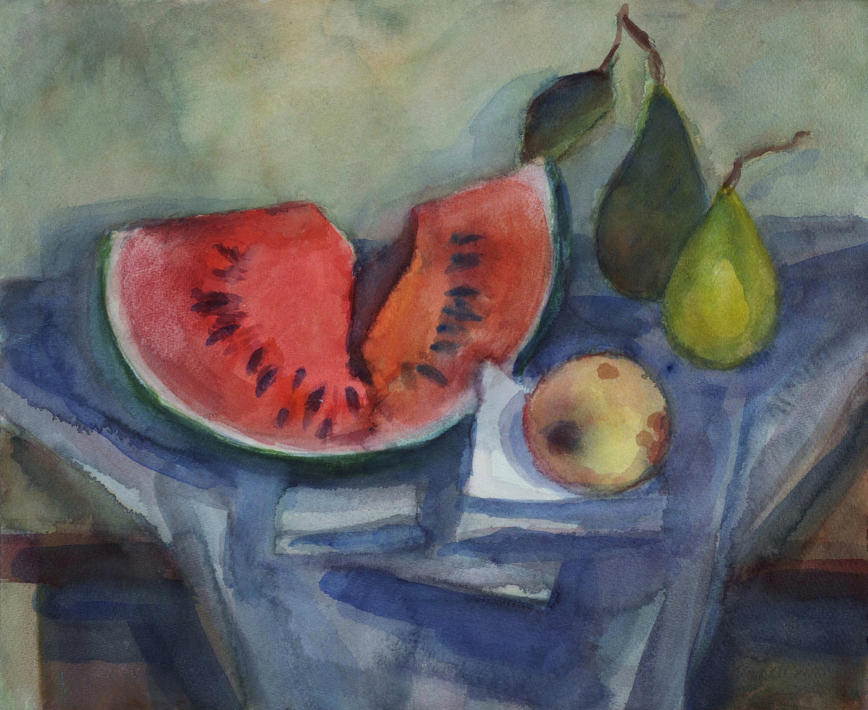 Melonenstück, zwei Birnen, ein Apfel Melonenstück, zwei Birnen, ein Apfel
