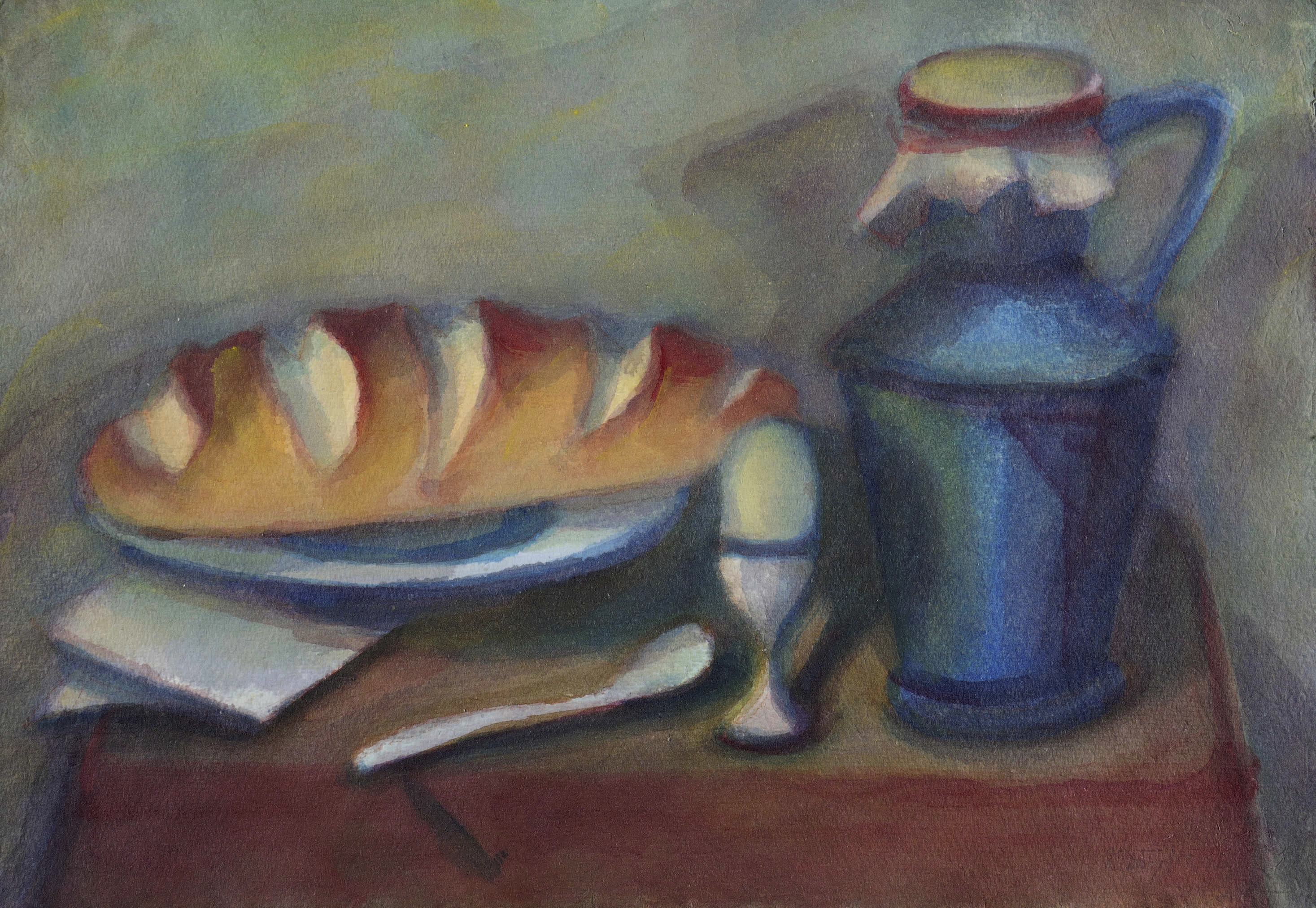 Stillleben mit Weißbrot und blauer Kanne Stillleben mit Weißbrot und blauer Kanne