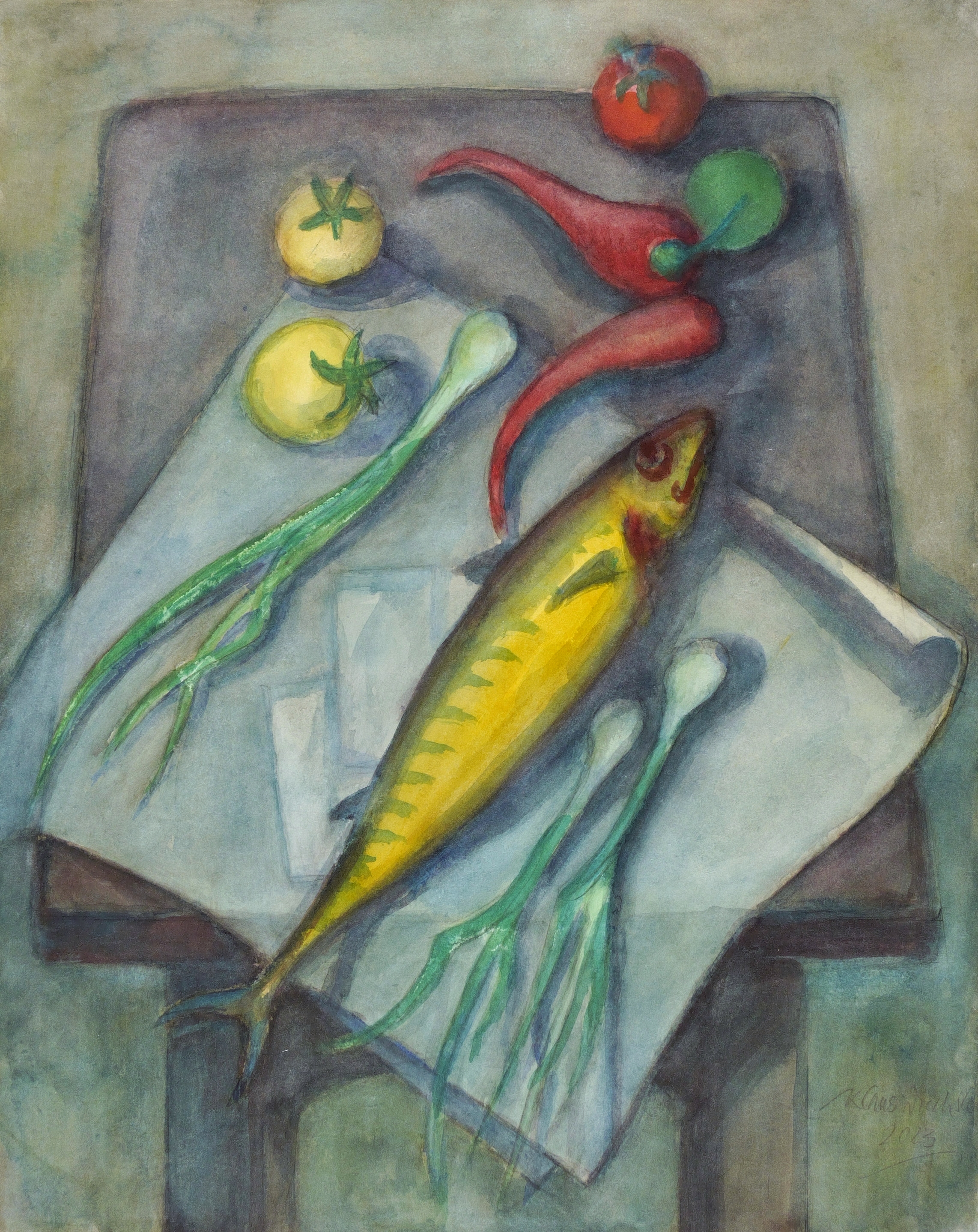 Abstelltisch mit Räucherfisch, Tomaten, Paprika